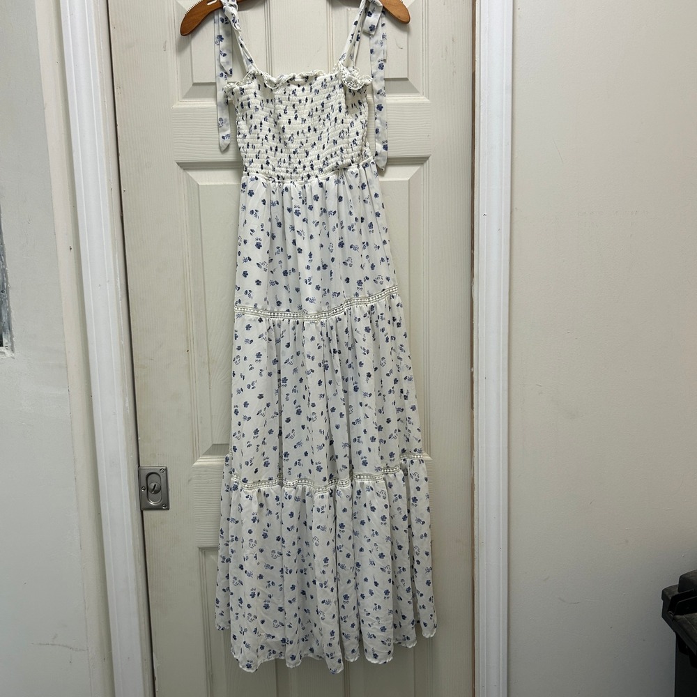 Blue Floral Smocked Tiered Maxi Dress White Tie Strap‎ Crochet Trim Summer Boho